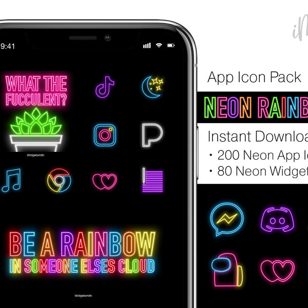 Neon App Icons Rainbow iOS  Icon Pack - 200 Neon iPhone App Icons & 80 iOS Widgets, Neon Icon Theme - Rainbow iPhone Home Screen Aesthetic