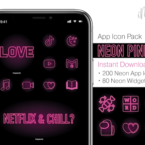 Pink Neon iOS Icons - 200 App Icons Neon Pink - Pink Neon iPhone Icons & 80 iOS  Widgets  -  Neon iOS iPhone Home Screen Aesthetic