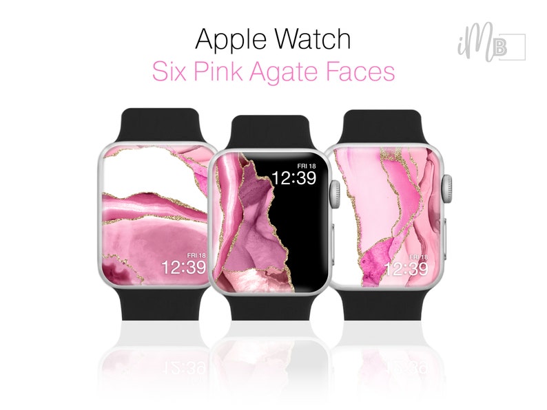 K&ouml;nnte beinhalten: Drei Apple Watches mit schwarzen Armb&auml;ndern und rosafarbenen Achat-Zifferbl&auml;ttern. Die Zifferbl&auml;tter zeigen rosa-goldene abstrakte Designs mit dem Text "FRI 18 12:39". Das Bild enth&auml;lt auch den Text "Apple Watch Six Pink Agate Faces".