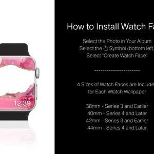 K&ouml;nnte beinhalten: Eine Apple Watch mit einem Zifferblatt im rosa-goldenen abstrakten Design. Das Zifferblatt zeigt die Uhrzeit und das Datum an. Das Bild enth&auml;lt auch Anweisungen zur Installation eines Zifferblatts und die verf&uuml;gbaren Gr&ouml;&szlig;en.