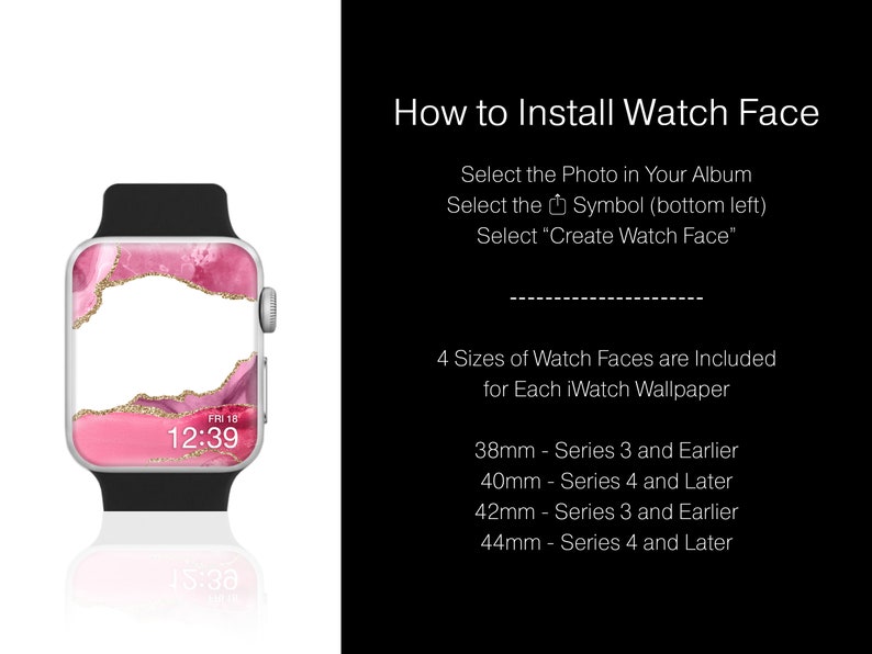 K&ouml;nnte beinhalten: Eine Apple Watch mit einem Zifferblatt im rosa-goldenen abstrakten Design. Das Zifferblatt zeigt die Uhrzeit und das Datum an. Das Bild enth&auml;lt auch Anweisungen zur Installation eines Zifferblatts und die verf&uuml;gbaren Gr&ouml;&szlig;en.