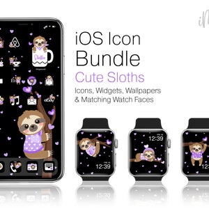 iOS App Icons Sloth Cute Purple Themed App Icon Bundle, Cute Sloth iPhone Icons Purple and Black with Wallpapers, Widgets & Watch Wallpapers
