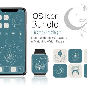 May include: An iOS Icon Bundle titled "Boho Indigo" featuring teal and white icons, widgets, and wallpapers. The image includes a smartphone and smartwatch displaying the design, along with matching watch faces. The design includes moons, stars, and hand-drawn illustrations.