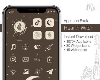 May include: A smartphone screen displays a brown app icon pack with a witchy theme. The icons are beige and include symbols like a crystal ball, moon, rose, and music note. The text "Hearth Witch" is visible.