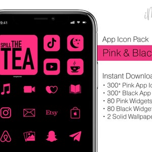 Neon Pink iOS App Icons - 600+ Neon Pink & Black App Icons for iOS  - 2 Sets of Pink iPhone Icons - iOS Aesthetic with iPhone Wallpapers