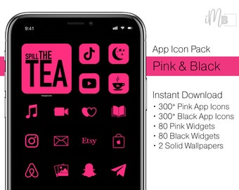 Neon Pink iOS App Icons - 600+ Neon Pink & Black App Icons for iOS  - 2 Sets of Pink iPhone Icons - iOS Aesthetic with iPhone Wallpapers