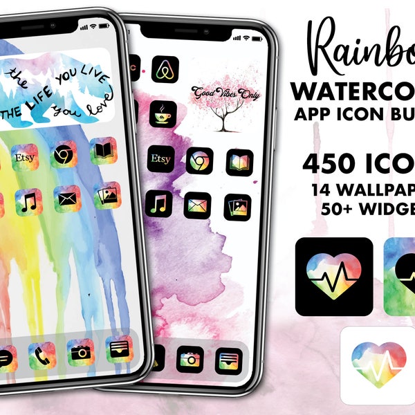 Rainbow iOS App Icons - 450 Watercolor iPhone Icons - Artistic App Icons for iOS - Elegant Watercolor Rainbow Aesthetic