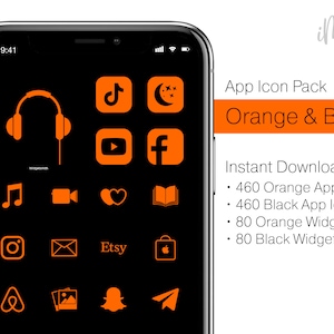 May include: A smartphone screen displaying a collection of orange and black app icons. The icons include popular social media apps, music apps, and shopping apps. The text "App Icon Pack Orange & Black" is displayed at the top of the screen.