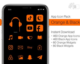 Icônes d'application orange néon - Thème iOS 920, accent noir (téléchargement numérique)