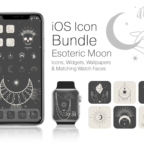 iOS App Icons Boho Bundle - Esoteric Moon iPhone Home Screen Aesthetic Complete with App Icons, Boho Widgets, Wallpapers & Apple Watch Faces