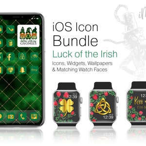 May include: An iOS Icon Bundle with a St. Patrick's Day theme. The image shows a smartphone and three smartwatches with matching wallpapers and icons. The phone displays green and gold icons. The text reads "Luck of the Irish".