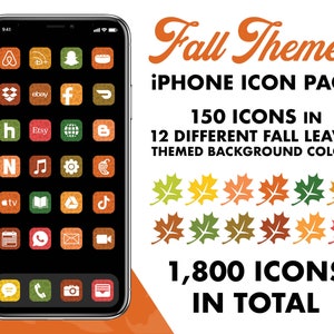 Może przedstawiać: iPhone z pakietem ikon w jesiennej tematyce. Ikony mają teksturowany, jesienny design na czarnym tle. Obraz zawiera tekst "Fall Themed iPhone Icon Pack" oraz "150 ikon w 12 różnych kolorach tła z motywem jesiennych liści."