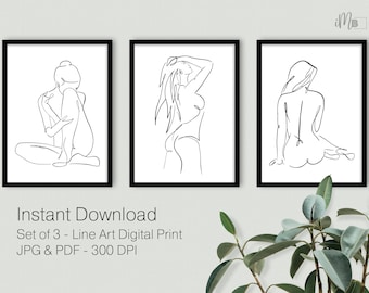 Set van 3 vrouwenlijnkunstprints – minimalistische galerijmuur (digitale download)