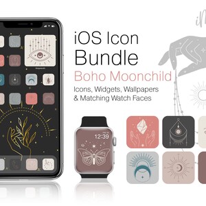 Puede incluir: Un conjunto de iconos de iOS con un tema boho moonchild. Los iconos presentan una variedad de diseños celestiales e inspirados en la naturaleza, incluyendo una luna creciente, un sol, un cristal y una mano sosteniendo una hoja. Los iconos están en un estilo minimalista con acentos dorados. El texto "iOS Icon Bundle Boho Moonchild Icons, Widgets, Wallpapers & Matching Watch Faces" se muestra encima de los iconos.