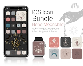 iOS App Icons Boho Bundle - Moonchild iPhone Home Screen Aesthetic - Complete with App Icons, Boho Widgets, Wallpapers and Apple Watch Faces