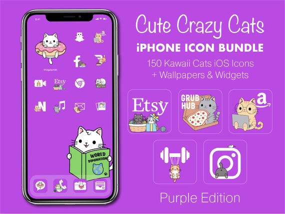 Cute Purple Ios Icons Kawaii Cats Icon Bundle App (Instant