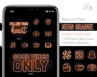 Icônes d'application orange néon - Esthétique pour l'écran d'accueil iOS (téléchargement numérique)