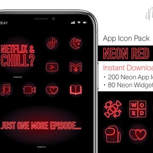 Neon Red App Icons iOS - 200 Neon Red Icon Pack - Neon Red iPhone App Icons & 80 iOS iPhone Widgets - Neon Red iPhone Home Screen Aesthetic