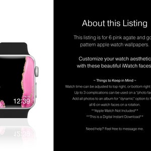 K&ouml;nnte beinhalten: Eine Apple Watch mit schwarzem Armband zeigt ein Hintergrundbild mit rosa Achat- und Goldmuster. Das Zifferblatt zeigt die Uhrzeit 12:39 und das Datum Fr 18. Das Angebot umfasst 6 digitale Hintergrundbilder zur Anpassung Ihrer iWatch.