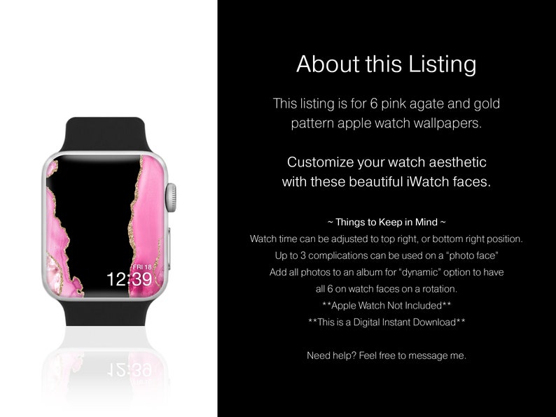 K&ouml;nnte beinhalten: Eine Apple Watch mit schwarzem Armband zeigt ein Hintergrundbild mit rosa Achat- und Goldmuster. Das Zifferblatt zeigt die Uhrzeit 12:39 und das Datum Fr 18. Das Angebot umfasst 6 digitale Hintergrundbilder zur Anpassung Ihrer iWatch.
