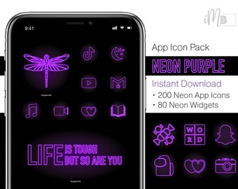 Puede incluir: Un paquete de iconos de aplicaciones de neón morado con 200 iconos y 80 widgets. Los iconos incluyen aplicaciones populares como TikTok, Instagram, YouTube y más. El texto "LIFE IS TOUGH BUT SO ARE YOU" se muestra en la pantalla del teléfono.