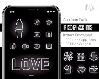 Neon White App Icons – 200+ iOS Theme Pack (Digital Download)