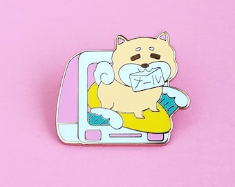 vaporwave aesthetic shiba surfer enamel pin