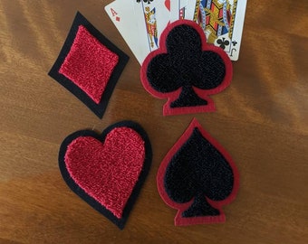 Fuzzy Chenille Playing Card Suit Patches - Black/Red Or White Backing - Sew On