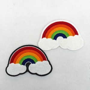 May include: Two rainbow patches with white clouds. The rainbow patches are embroidered with red, orange, yellow, green, blue, indigo, and violet colors. The patches are perfect for adding a touch of whimsy to clothing, bags, or other crafts.