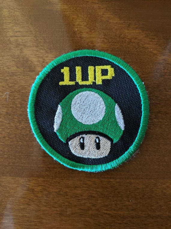 inspired 8 Bit Shiny Metallic Embroidery Super mario bros Mario 1up mushroom Iron on patch