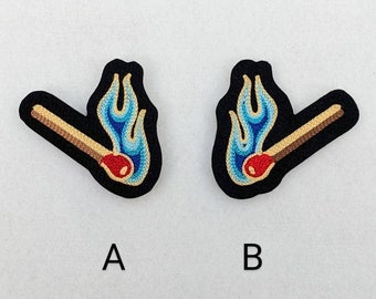 Vintage Style Chainstitch Blue Flame Burning Match Patch