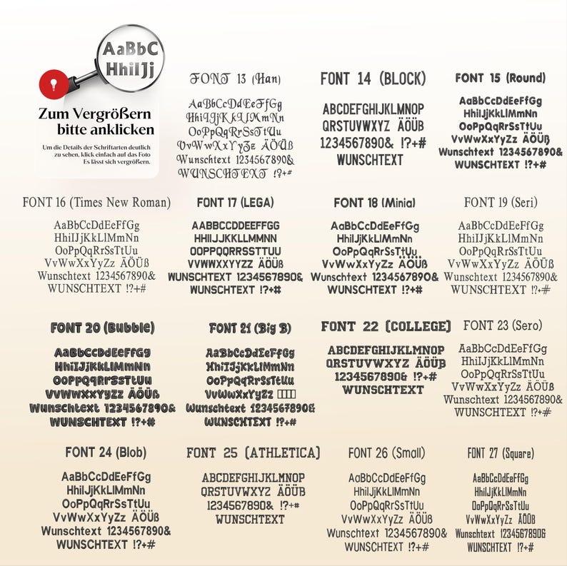 K&ouml;nnte beinhalten: Eine &Uuml;bersicht &uuml;ber verschiedene Schriftarten, jeweils mit einem Beispielalphabet und Zahlen. Die Schriftarten variieren, mit Namen wie "Han", "Round" und "College". Der Text "Wunschtext" ist in jedem Beispiel enthalten.