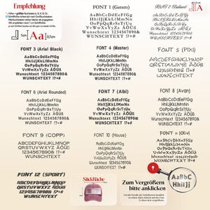 K&ouml;nnte beinhalten: Eine Tabelle mit verschiedenen Schriftarten, darunter Garam, Arial Black und Sport, mit Beispieltext und Zahlen. Jede Schriftart wird mit ihren Gro&szlig;- und Kleinbuchstaben sowie einem Beispieltext und Zahlen dargestellt. Ein Gr&ouml;&szlig;enleitfaden ist ebenfalls enthalten.