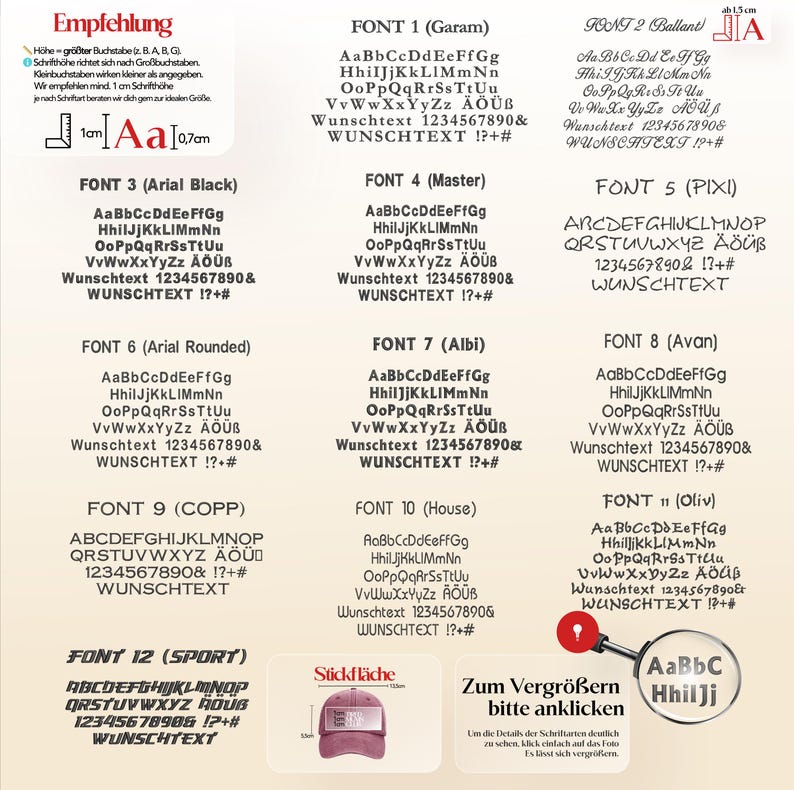 K&ouml;nnte beinhalten: Eine Tabelle mit verschiedenen Schriftarten, darunter Garam, Arial Black und Sport, mit Beispieltext und Zahlen. Jede Schriftart wird mit ihren Gro&szlig;- und Kleinbuchstaben sowie einem Beispieltext und Zahlen dargestellt. Ein Gr&ouml;&szlig;enleitfaden ist ebenfalls enthalten.