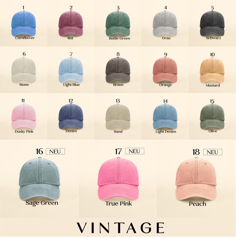 K&ouml;nnte beinhalten: Eine Auswahl an Vintage-Baseballkappen in verschiedenen Farben, darunter Kornblumenblau, Staubrosa und Salbeigr&uuml;n. Jede Kappe wird mit dem entsprechenden Farbnamen angezeigt. Das Wort "VINTAGE" ist unten aufgedruckt.