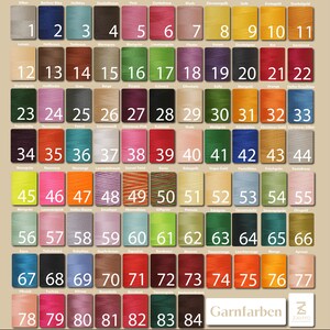 K&ouml;nnte beinhalten: Eine Farbkarte mit 84 Garnfarben, jeweils mit einer Nummer und einem deutschen Namen versehen. Die Farben reichen von Silber &uuml;ber Dunkelbraun, Pink bis hin zu verschiedenen Gr&uuml;n-, Blau-, Orange- und Lilat&ouml;nen. Der Text "Garnfarben" steht unten.