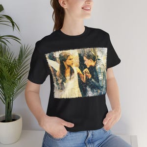 Vintage retro look Romeo and Juliet classy movie romantic couple Leonardo Dicaprio fan art Unisex Jersey Tee Shirt for Leonardo Dicaprio fan