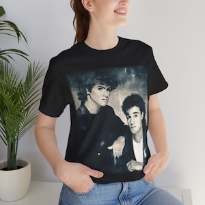 Vintage Retro Styles Shirt Wham! British retro pop band George Michael and Andrew Ridgeley Unisex Tee Shirt for 80s music fans.