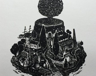 Island lino print | A3 | surrealist village linocut
