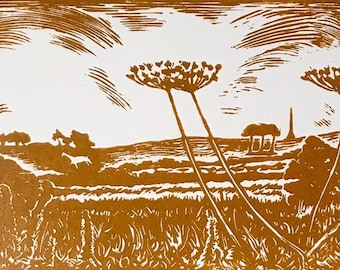 Wiltshire White Horse Original Lino Print | Cherhill Down Chalk Figure yellow ochre