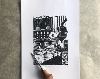 Coffee shop roastery - Limited Edition lino cut print
