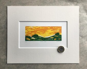 Ruralist sunset - limited edition mounted reduction Lino print 1 of 3