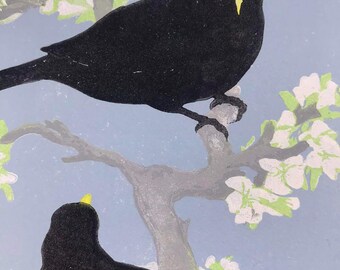 Blackbirds in pear blossom linocut print original limited edition