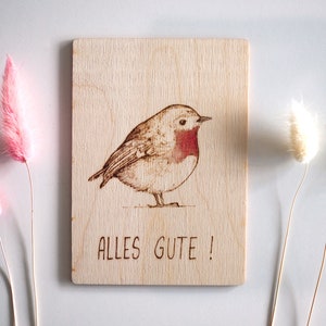 handgebrannte Glitzer-Holzpostkarte „Rotkehlchen“