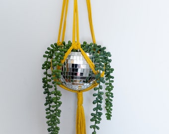 Mustard Macrame plant hanger & Mini Disco Ball planter  /indoor plant holder/ Neon macrame /hanging plant holder long/ bright interior