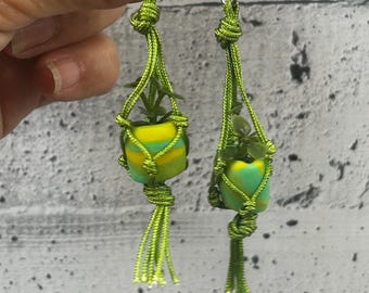 Mini Macramé Plant Hanger Earrings | Miniature Plant Pot | Earring Miniatures Knotted Jewellery Silver Plated