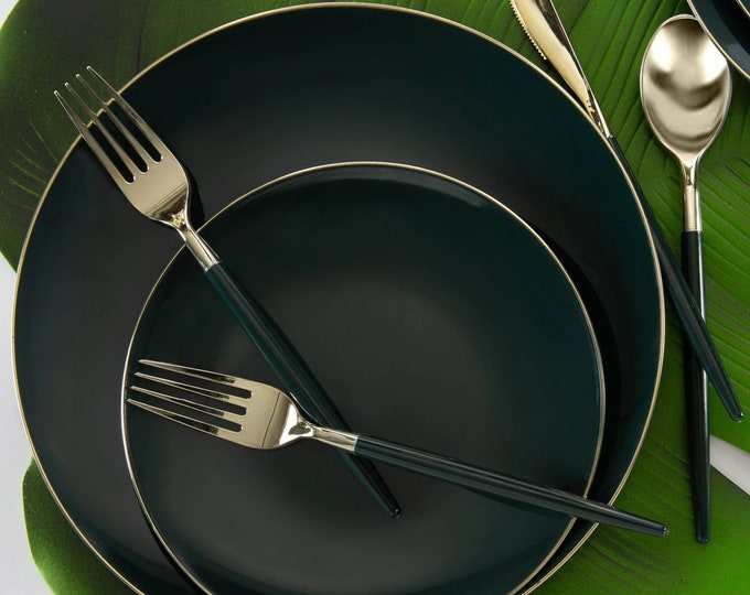 Reusable Plastic Green Dinner Plates With Gold Trim Green and Gold