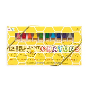 May include: A box of 12 "Brilliant Bee" crayons in a variety of colors. The crayons are non-toxic and have an ergonomic triangular shape. The box is yellow with a honeycomb pattern and a bee illustration. The text "12 Brilliant Bee Crayons" is printed on the box.