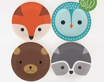 Mini Woodland Animals Paper Plates - Eco Friendly - Owl Plate - Fox Plate - Raccoon Plate - Bear Plate