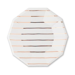 Può includere: Piatto di carta ottagonale bianco con strisce orizzontali color oro rosa. Il piatto ha un design geometrico con bordi piegati. Le strisce color oro rosa sono uniformemente distanziate. Adatto per servire cibo a una festa.